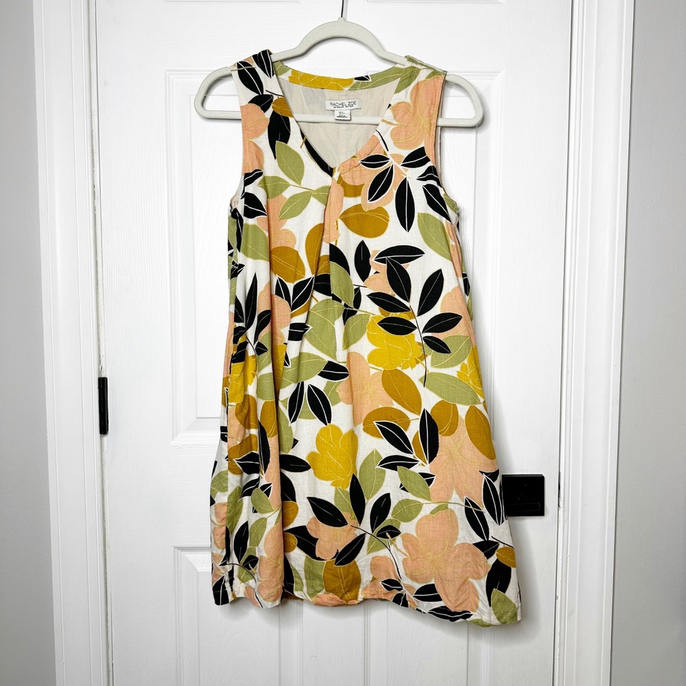 Rachel Zoe 100% Linen Sleeveless V Neck Floral Print Dress Women's Size Small
